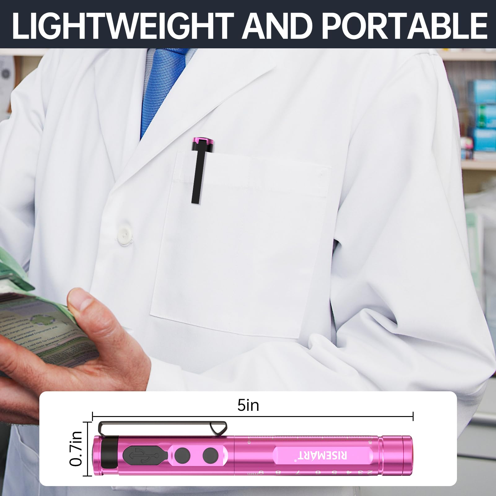 Lampa diagnostyczna, medyczna, z możliwością ponownego ładowania, z kablem USB, ciepła / zimna biel i bezstopniowe ściemnianie, przenośna, aluminiowa, medyczna lampa źrenicy z klipsem (różowa)