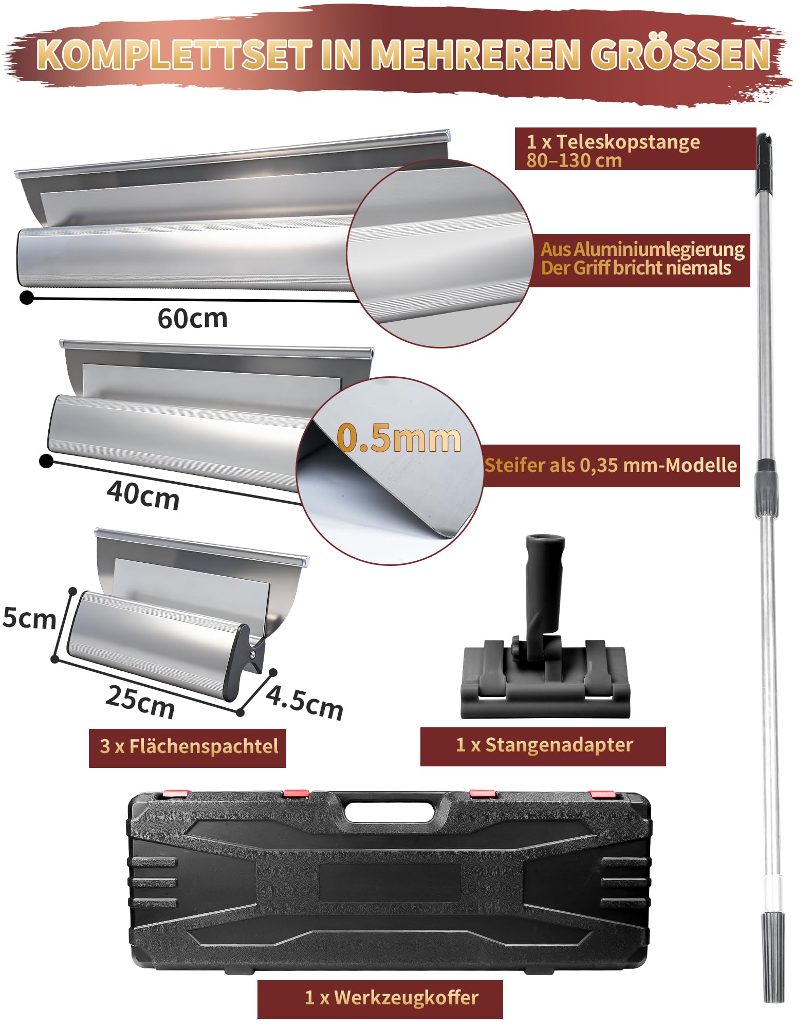 3x Spatule Enduit Lissage Set 60cm 40cm 25cm Manche en Alliage Aluminium avec Perche Télescopique 80-130cm lisseuse enduit Lame a Lisser Enduit Couteau a Enduire Inox Outil Lissage