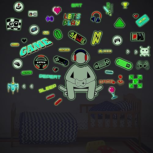Miniatura 5 de 54 calcomanías de pared que brillan en la oscuridad, controlador 3D, decoración de habitación de videojuegos, para niños, niñas, dormitorio, sala de