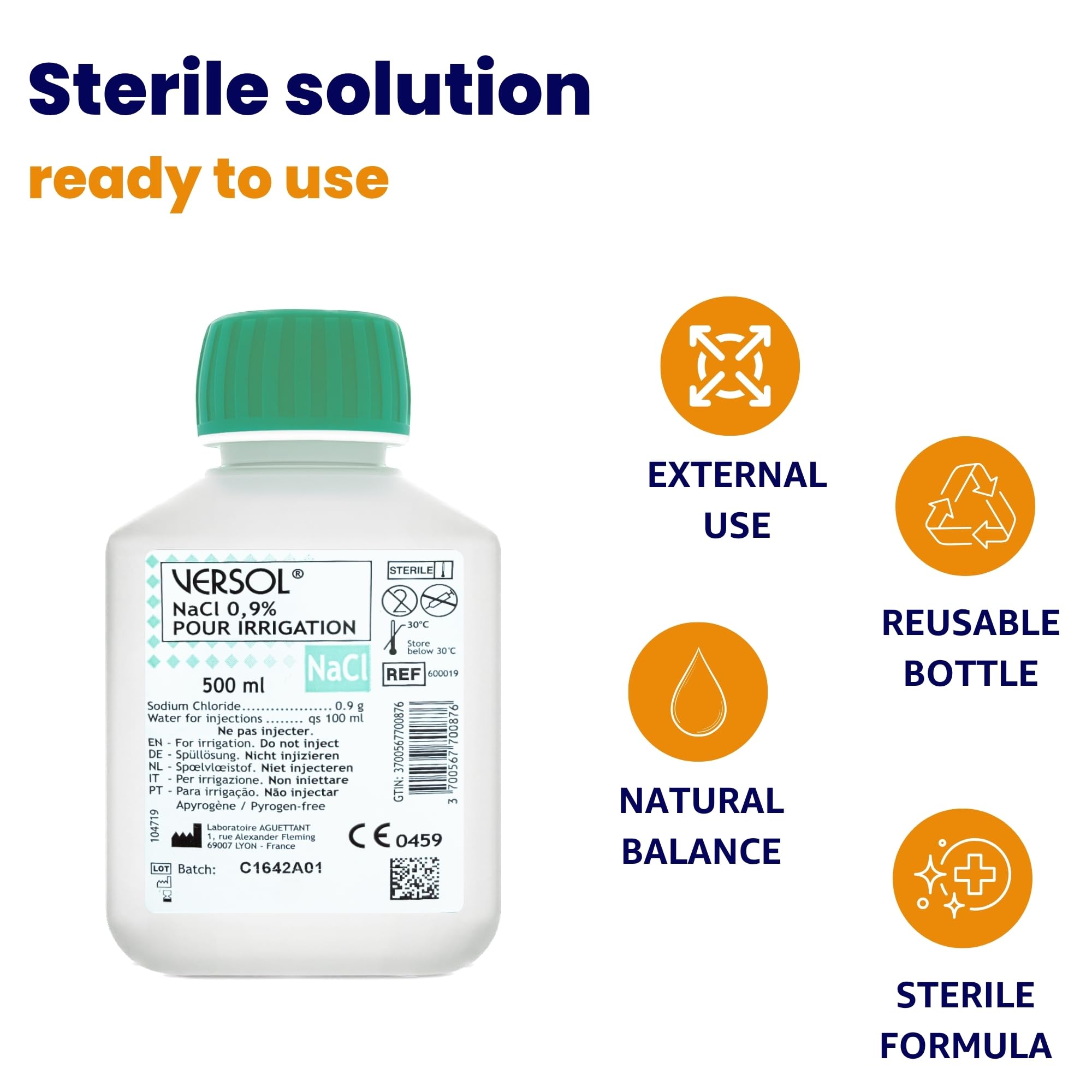 VERSOL NaCl 0,9% – 3 × 500 ml Solution Saline Isotonique – Solution Stérile Douce pour Lavage Nasal, Nettoyage des Plaies & Soin Quotidien – pH Neutre & Respectueuse de la Peau – Format Familial
