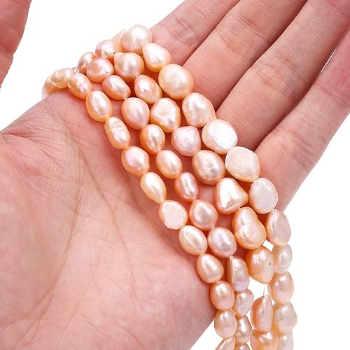 Vista 3 de Beadia - Cuentas de perlas naturales rosadas cultivadas en agua dulce de 7-8 mm, piedras preciosas sueltas para hacer joyería DIY, 13.8"hebra