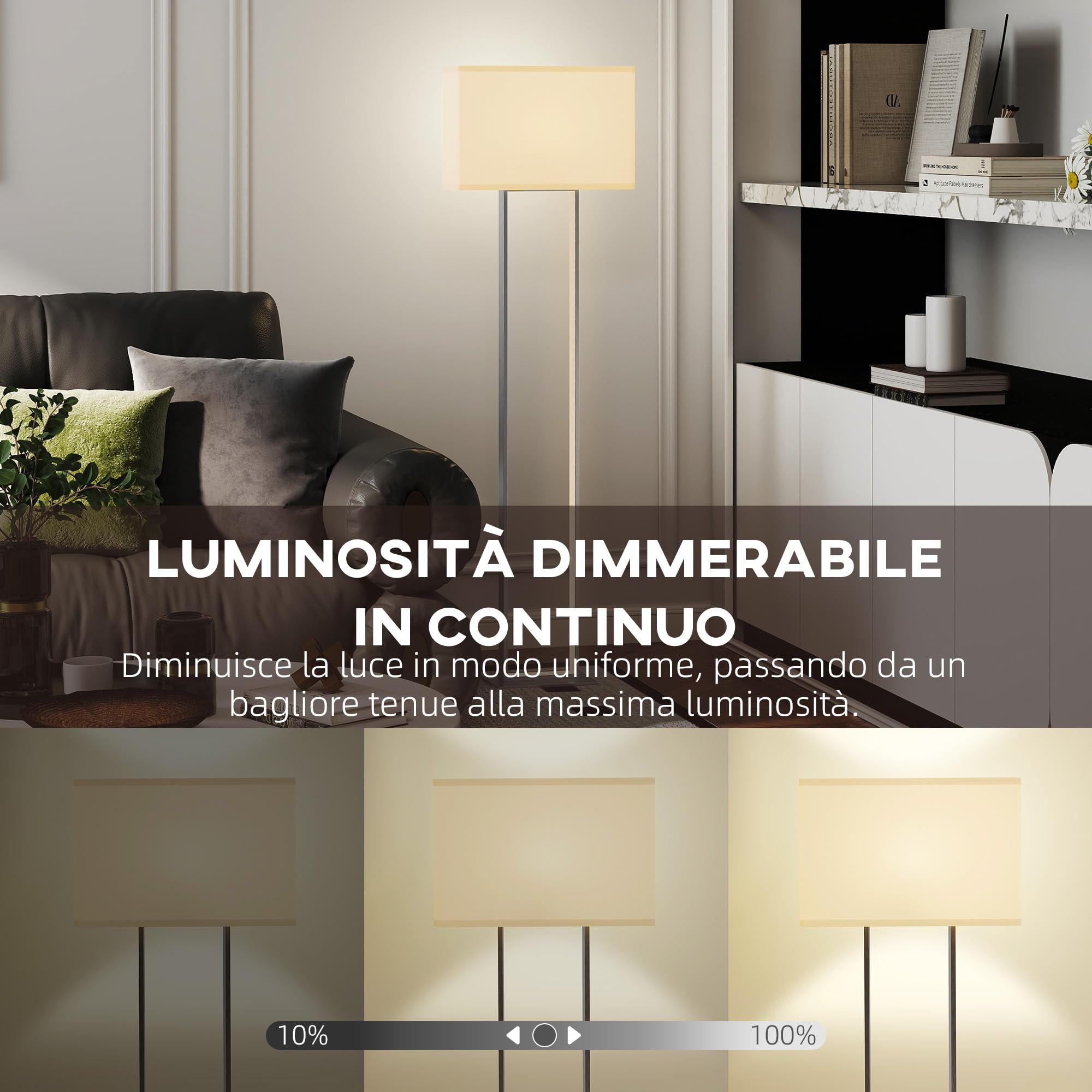 HOMCOM Lampada da Terra da 150 cm Dimmerabile Lampada a Piantana Bianco | Moderna, 3 Modalità, Luminosità Regolabile, Paralume in Tessuto, Interruttore a Pedale