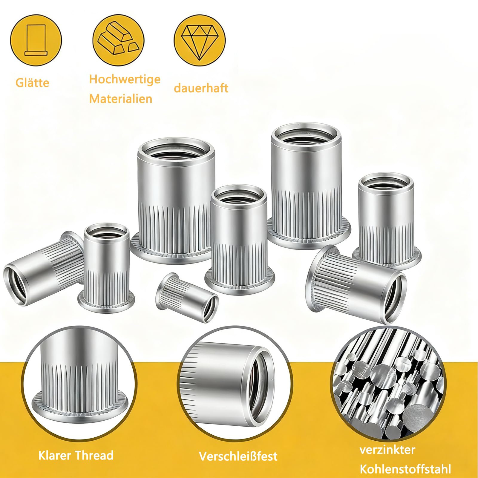 Dadi per rivetti a testa piatta, M4, dadi a manicotto A2 V2A, in lega di alluminio, 50 pezzi