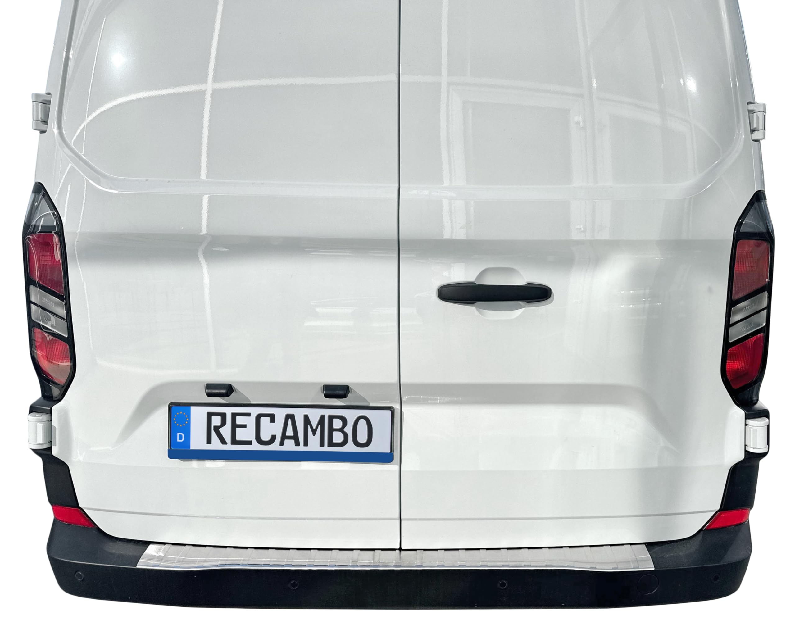 RECAMBO Edelstahl Ladekantenschutz - passend für Ford Transit Custom | BJ ab 2023 - gebürstete Schutzleiste für die Stoßstange mit strukturierter Oberfläche & Klebemontage