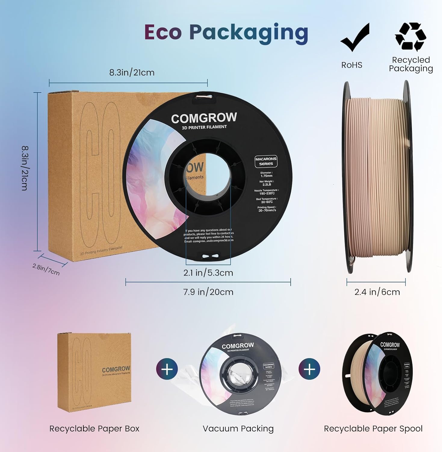 Comgrow PETG 3D Printer Filament 1.75mm, High Precision and Tough 3D Printer Filament 2kg (4.4LBS) Fit Most 3D Printers White+Grey and PLA 3D Printer Filament Macaron