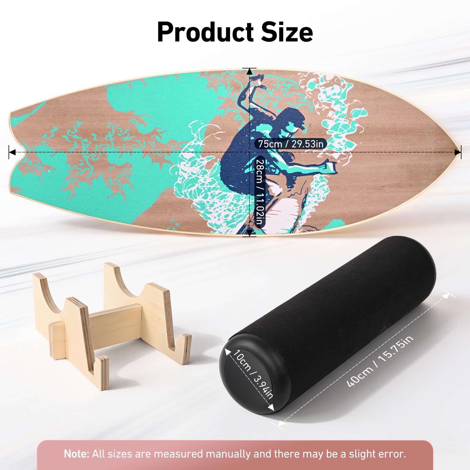 Surf Balance Board Erwachsene Kinder, Holz Wackelbrett 150kg | Holz Balance Board 75x28cm | 150kg belastbar | Mit Rolle & Ständer | Rutschfest | Surf Ski Skate
