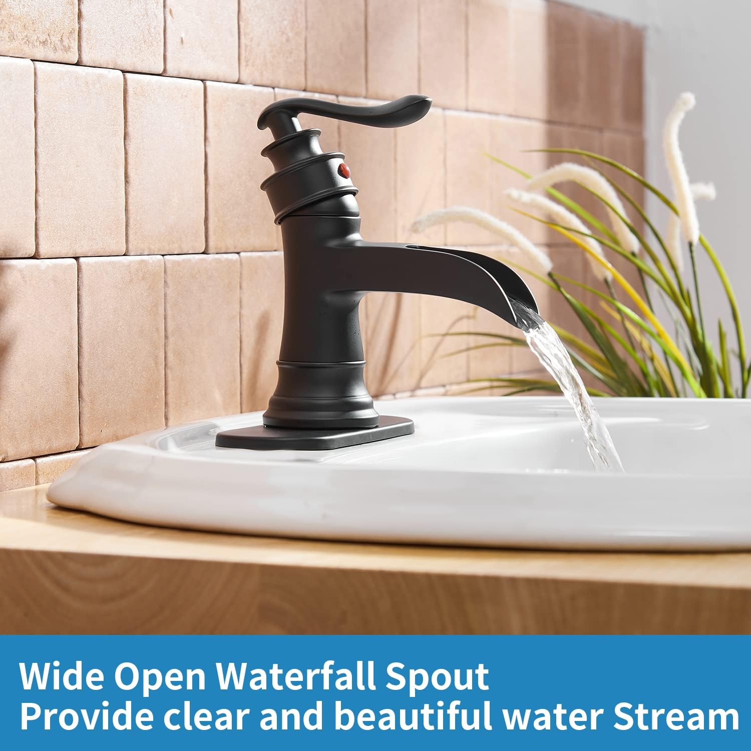 BWE Waterfall Bathroom Faucet Matte Black Bathroom Sink Faucet with Pop Up Drain Single Handle Deck Plate for 1 or 3 Hole Vanity Farmhouse Mixer Tap Fits All States, California 1.2 GPM Standard