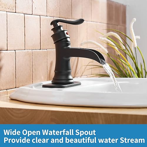 Miniatura 4 de BWE Grifo de baño en cascada negro mate con drenaje desplegable con placa de cubierta de una sola manija para tocador de 1 o 3 agujeros, grifo