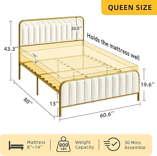 Miniatura 2 de DWVO Base de cama tapizada Queen con cabecero, base de colchón de metal resistente de 14 pulgadas con listones de madera, almacenamiento debajo de