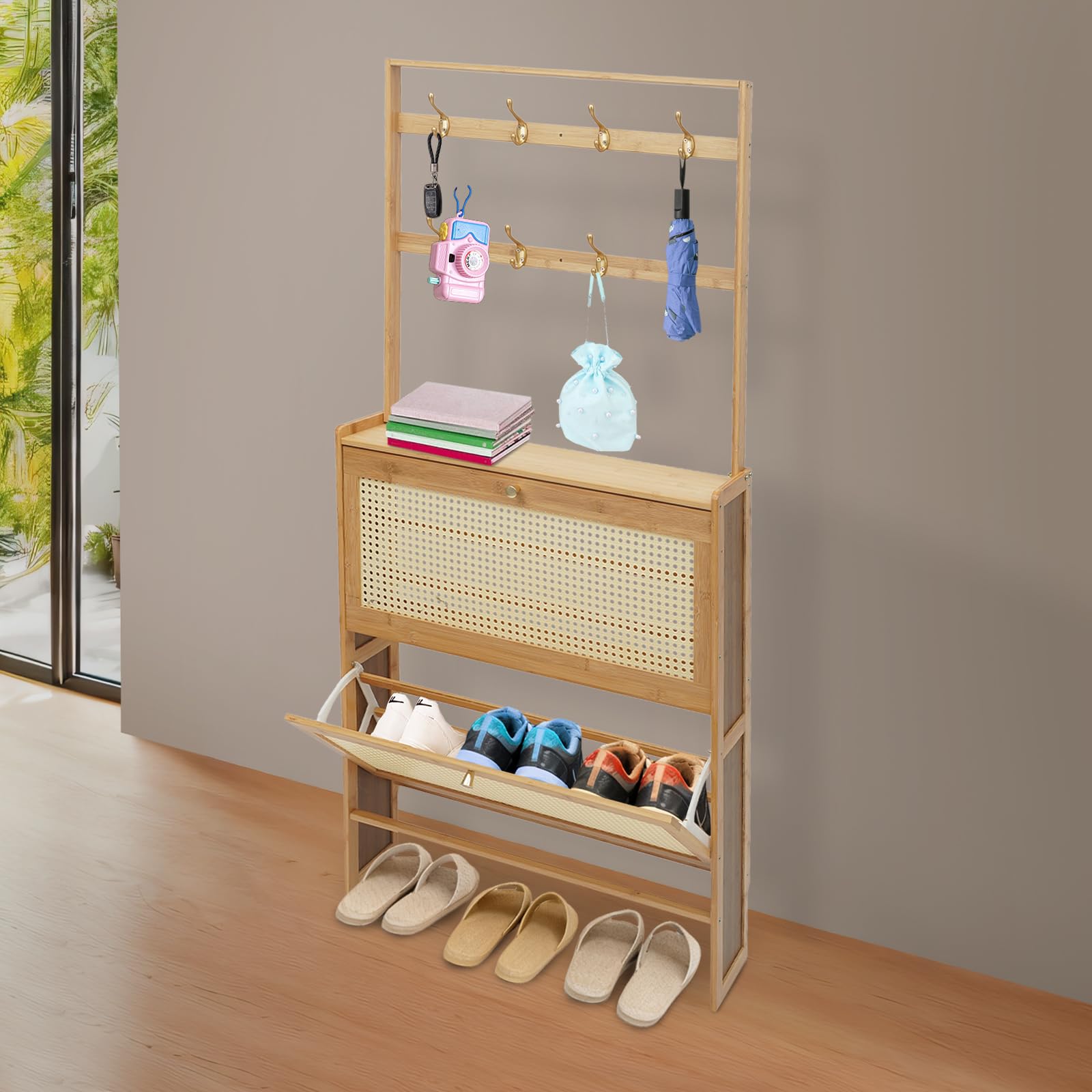 Mueble de zapatos de dos niveles para almacenamiento de zapatos con puerta batiente y ganchos para zapato, bambú, estante de almacenamiento, antipolvo, para entrada/pasillo/familia