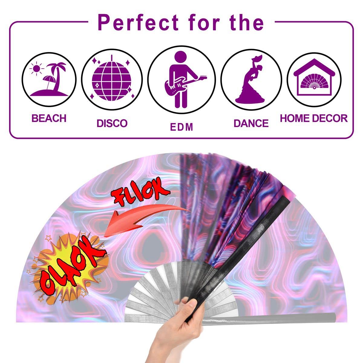 OMyTea Grande ventaglio Kitana Rave Clack pieghevole da uomo/donna, ventaglio portatile cinese giapponese per Kung Fu Tai Chi, per EDM, festival musicali, eventi, feste, danza, spettacoli, decorazione