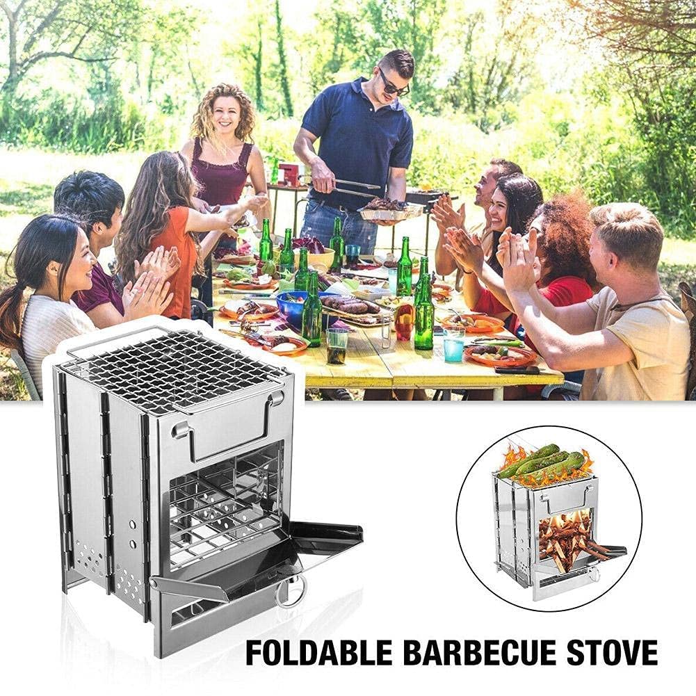 Réchaud de camping en bois pliable portable avec sac de transport pour activités de plein air, randonnée, pique-nique, survie en plein air pendant la cuisine, la randonnée et la chasse (argent)