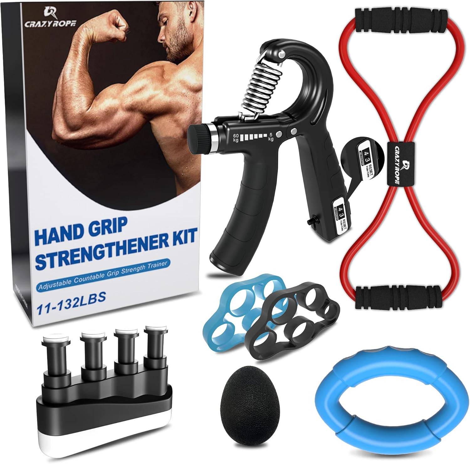 CRAZYROPE Grip Strength Trainer Kit with Counter (8 Pack), Adjustable