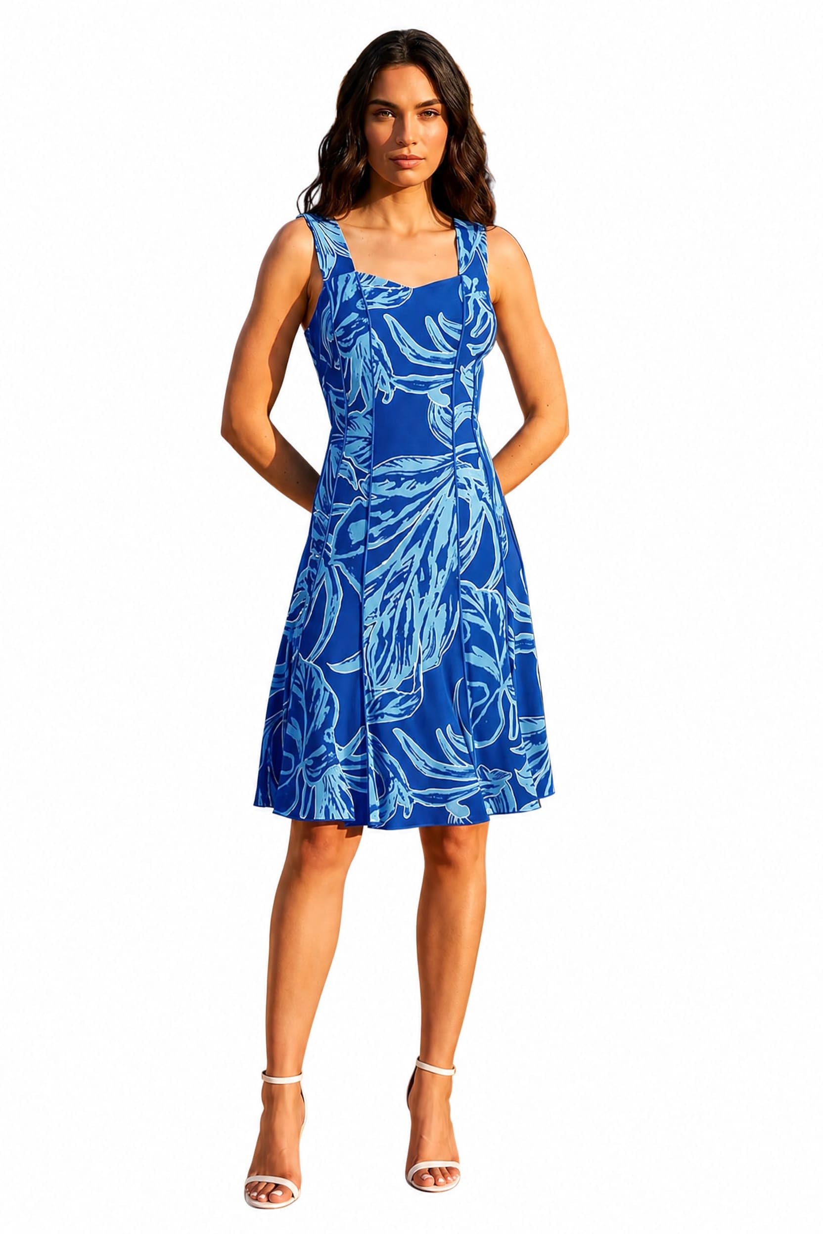 Roman Women's Abstract Leaf Print Panel Dress in Blue | Size: 16