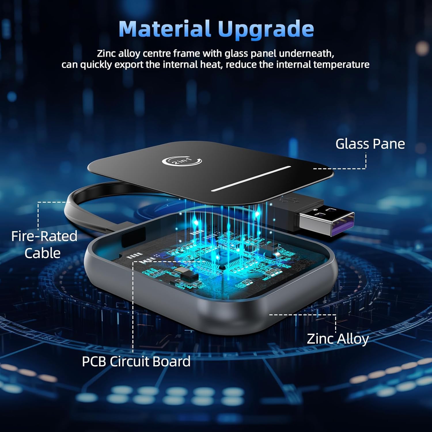Diagram showing the internal components and materials of the adapter, including zinc alloy, glass pane, PCB circuit board, and fire-rated cable.