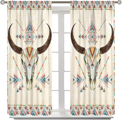 Miniatura 7 de Western Boho Curtain, Bull Skull Aztec Native American Tribal Southwestern Blackout Window Treatment Beautiful Room Décor & Easy Set Up 21" W x 45"