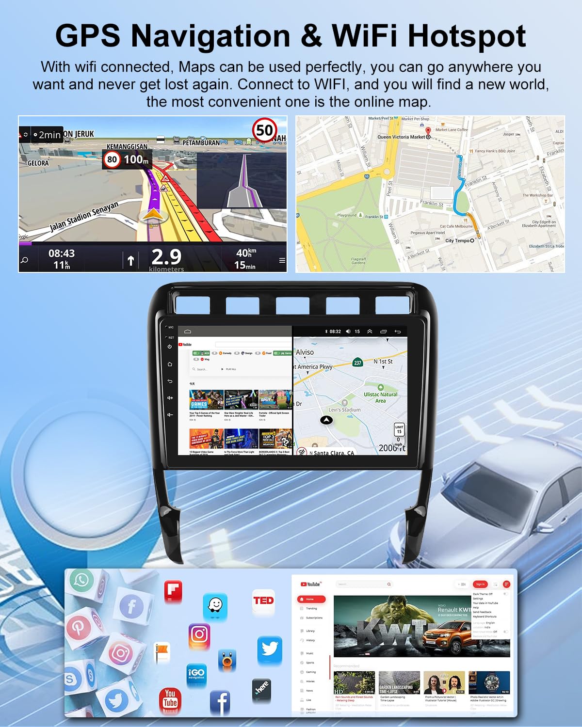 NHOPEEW Autoradio Android 2G+64G pour Porsche Cayenne 2002-2010 - sans Fil Carplay & Android Auto - Stéréo Android 9 Pouces avec WiFi EQ GPS Mirror Link FM RDS + AHD Caméra de recul&Mic