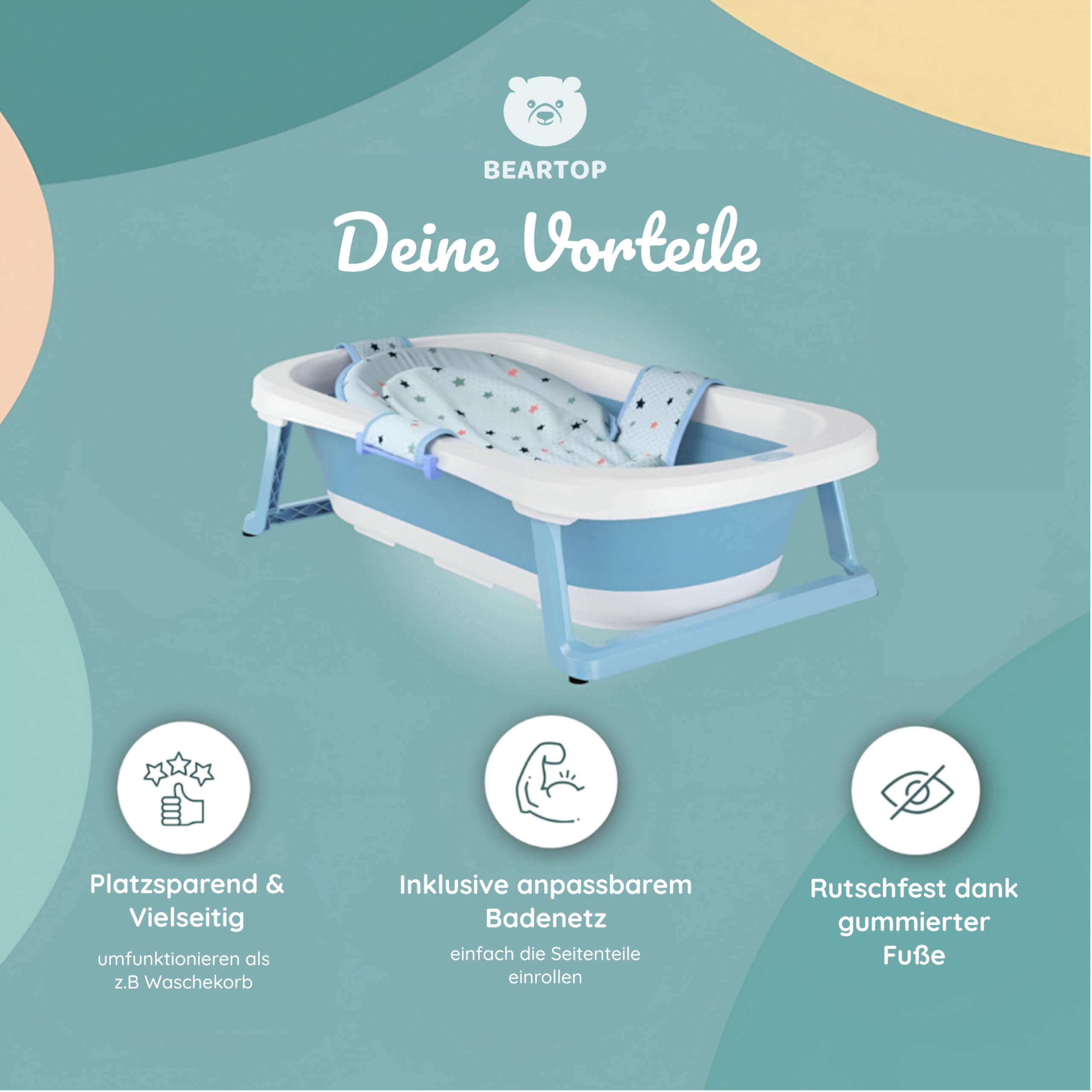 BEARTOP Babywanne Faltbar - Innovatives Design für einfache Aufbewahrung, inkl. Tragetascheneinsatz - Auslaufsicheres PP & TPE Material - 50 L Volumen - Ergonomisch, platzsparend und sicher - Blau
