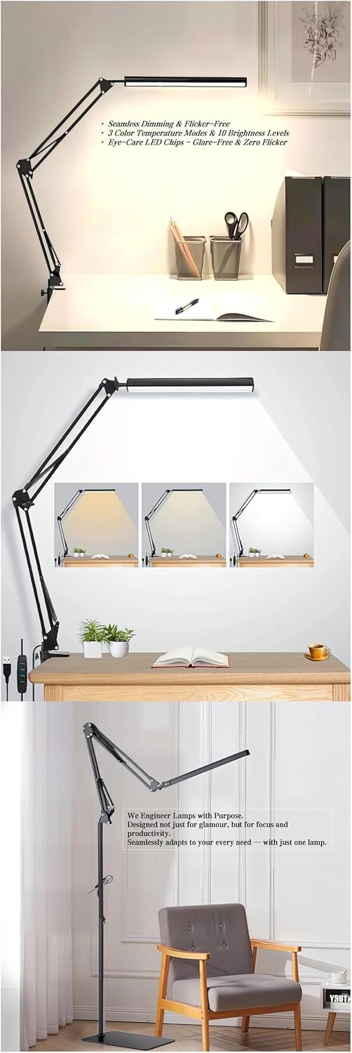 All-in-One LED Desk Lamp: 3 Light Colors, Dimmable Long Gooseneck, Foldable & Clamp-On Design, Eye Protection for Learning, Office, Home (Black | Metal Clamp)