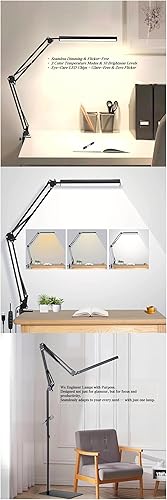 Miniatura 2 de Long-Arm Clamp LED Desk Lamp with 3-Step Dimming for Reading, Study & Work (Black  Metal Clamp)