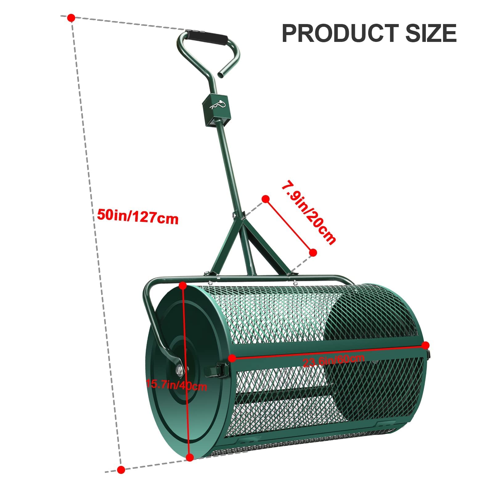 61 cm wytrzymały metalowy rozrzutnik do trawnika i ogrodu, kompost pchany/ciągnący i siewnik torfu, idealny do nasion trawy glebowej i nawozów