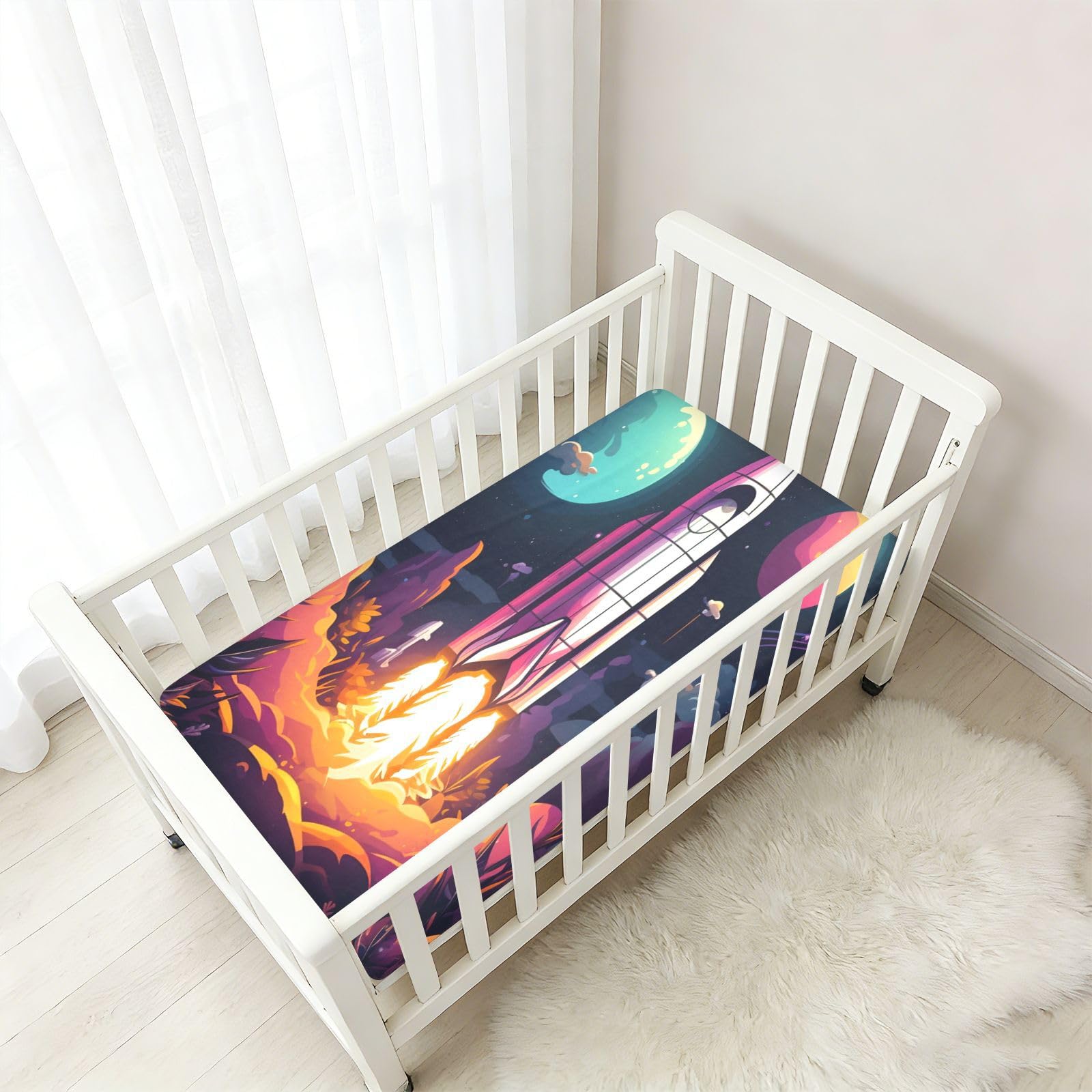 Luna Espacio Cohete PúRpura Planetas Sábana de Cuna para Niños Pequeños,Sábanas de Algodón Suave para Bebés Aptas para Colchón Corralito