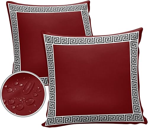 Miniatura 6 de Juego de 2 fundas de almohada impermeables para sofá, juego de 2 fundas de almohada decorativas geométricas étnicas burdeos, rojo griego, 18 x 18