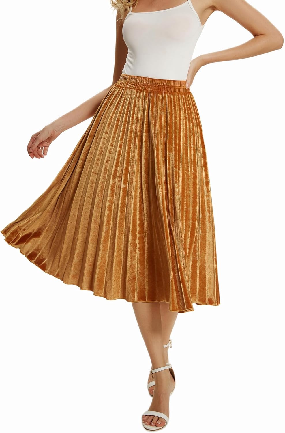 TONCHENGSD Women's High Elastic Waist Velvet Midi Long Pleated Swing Ruffled Skirt - Image 4