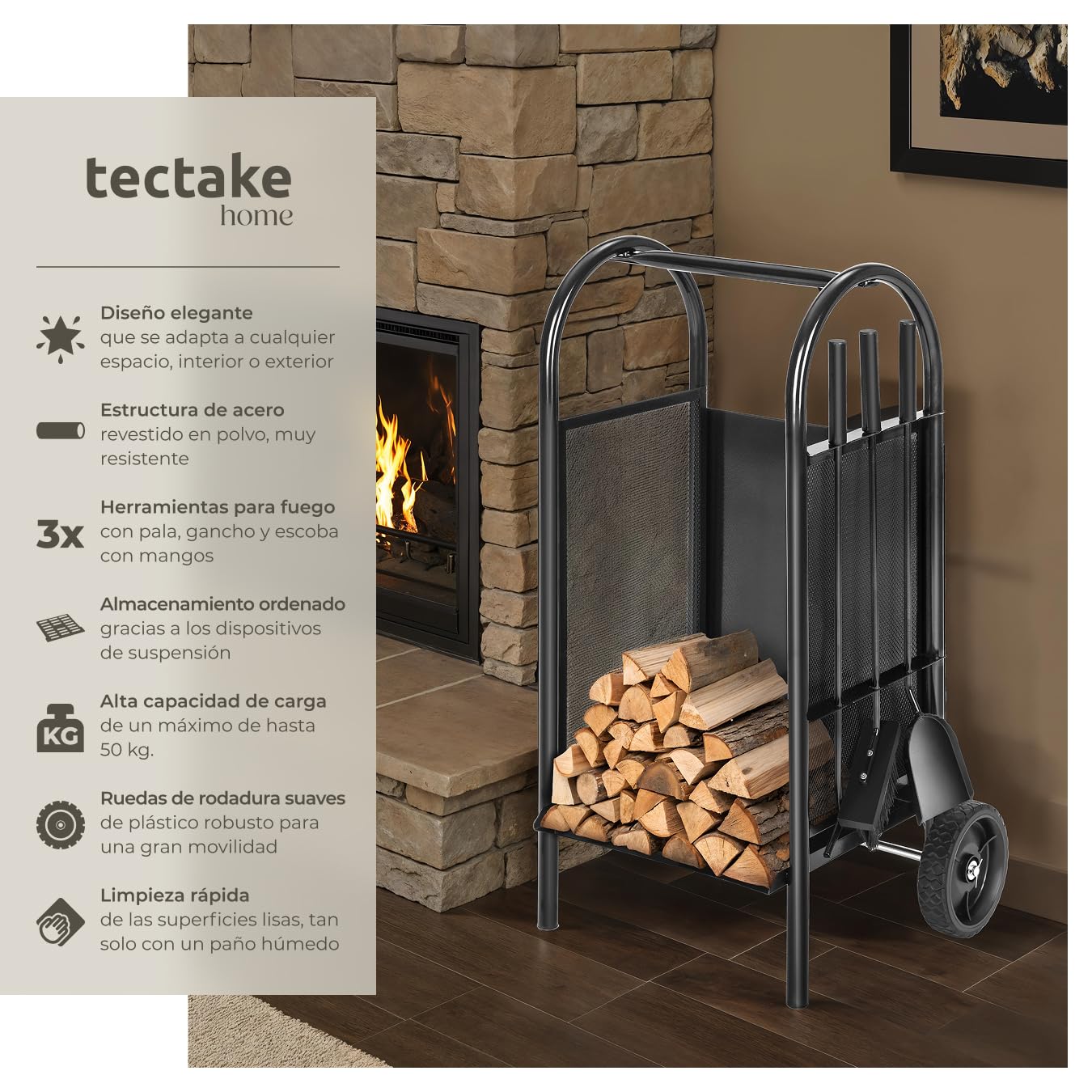 tectake® Leñero Exterior e Interior, Carro con Ruedas, Estructura de Acero Perforado, Almacenamiento Exterior Práctico, con Herramientas Chimenea, Carretilla, Leña para Chimenea - 42,5 x 38 x 80,5 cm