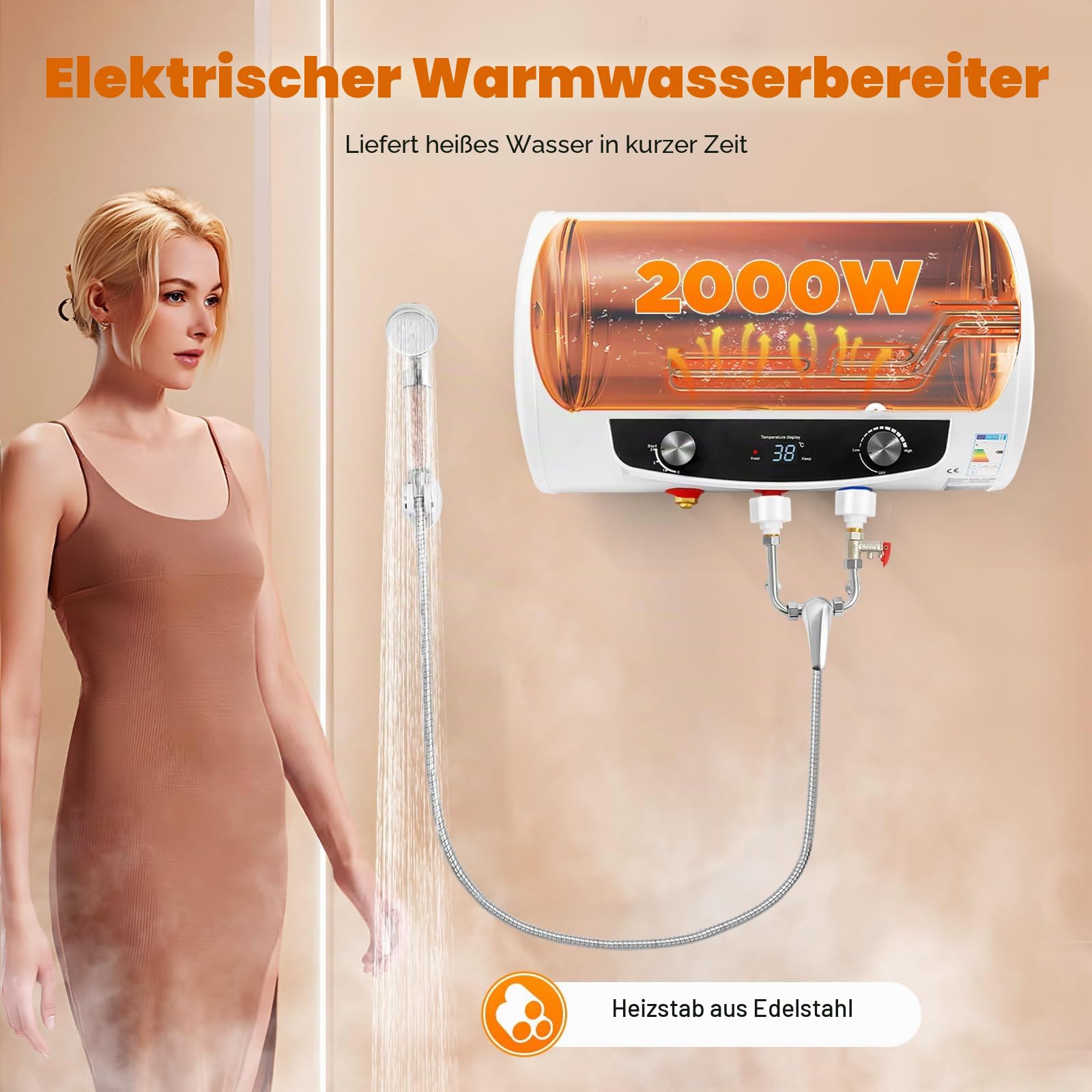 50 Liter Elektro Warmwasserspeicher 2000W Heizleistung Boiler Warmwasserboiler Speicher Leckage-Schutz, Upgraded Horizontal Wandhänge 25-75°C Wasserboiler [Energieklasse B]