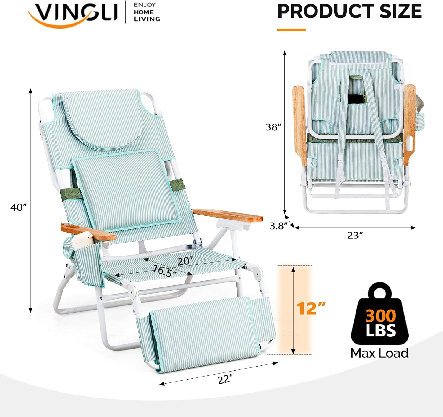 VINGLI Deluxe 3 in1 Beach Chair, Tanning Chair with Face Hole, Reclining Lounge with Foot Rest, Cup Holder and Storage Bag，Beach Lounge for Outdoor Pool-Green