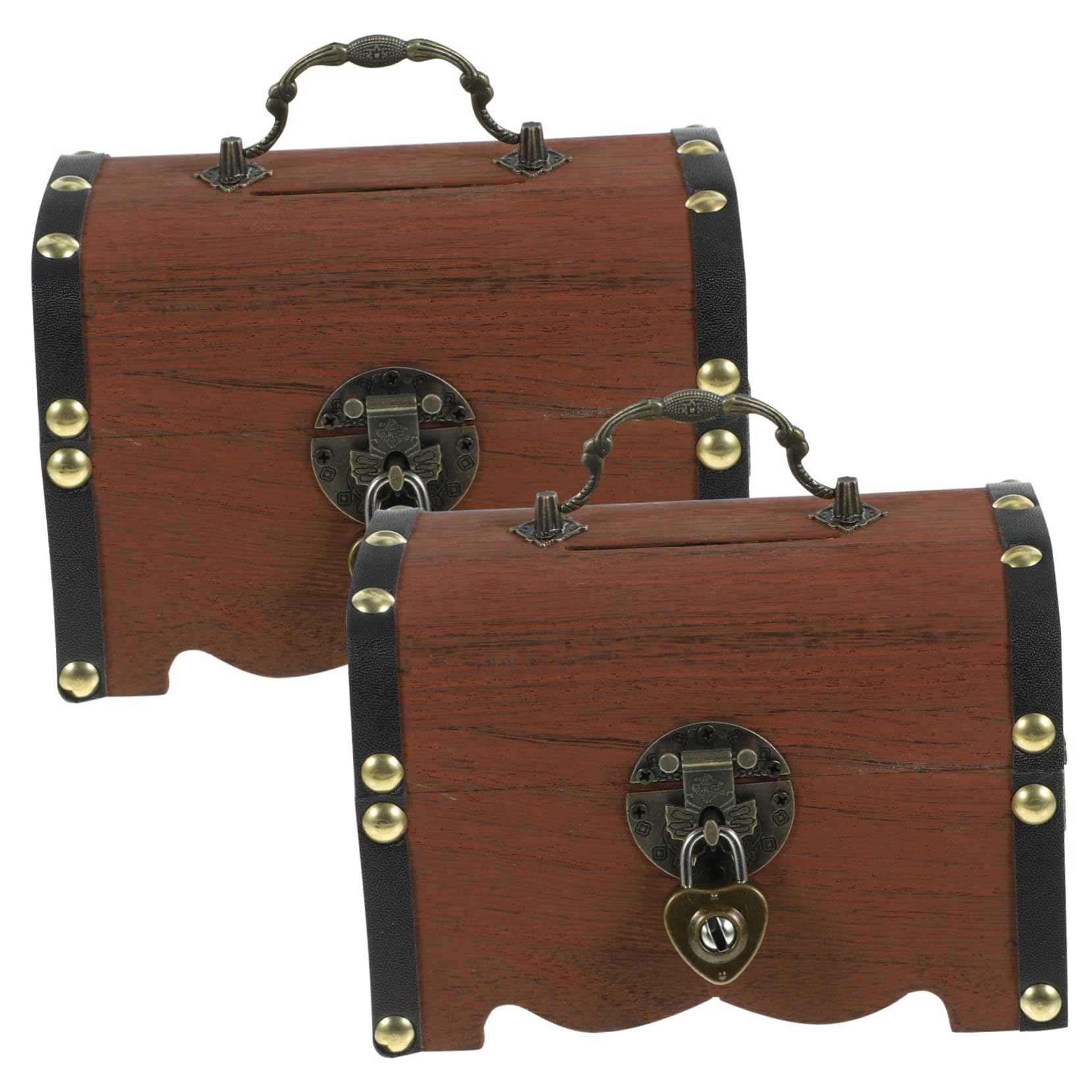 Coffre au trésor rétro en bois avec serrure cœur | Lot de 2 mini tirelires vintage pour bijoux