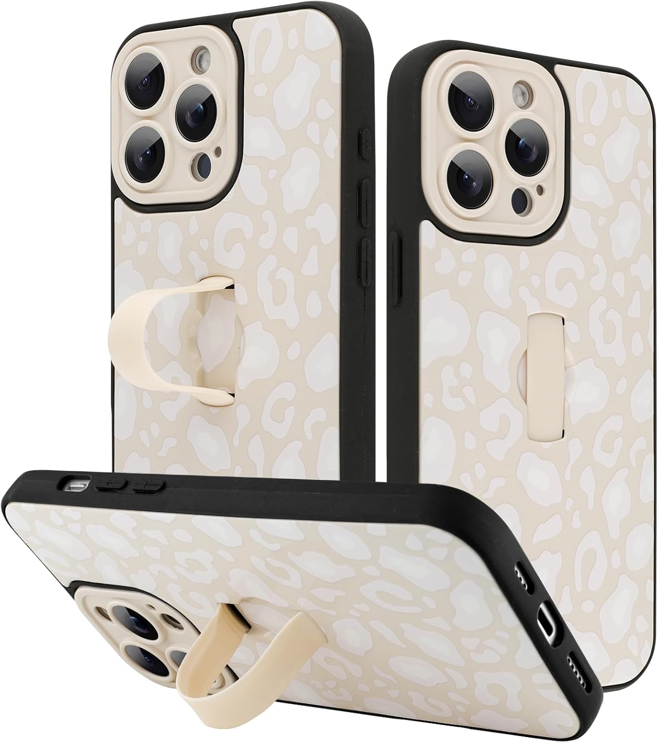 KANGHAR for iPhone 15 Pro Max Case White Leopard Print Pattern Cute Cheetah Wristband Stand Phone Cover for Women Girls Men Shockproof Slim Protective Cover for iPhone 15 Pro Max 6.7 Inch