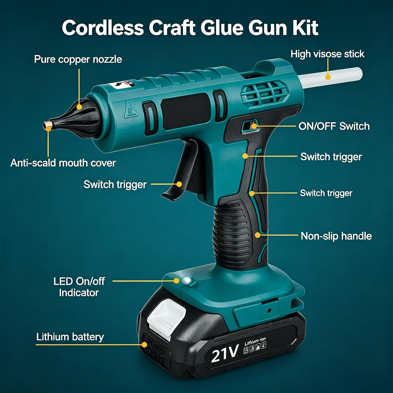 Pistola Colla a Caldo Senza Fili - Pistola Colla 100W | Riscaldamento Rapido, Compatibile con Batteria Makita 18V, 2x 1300mAh, Caricatore, 10 Stick 11mm, per Fai da Te & Riparazioni