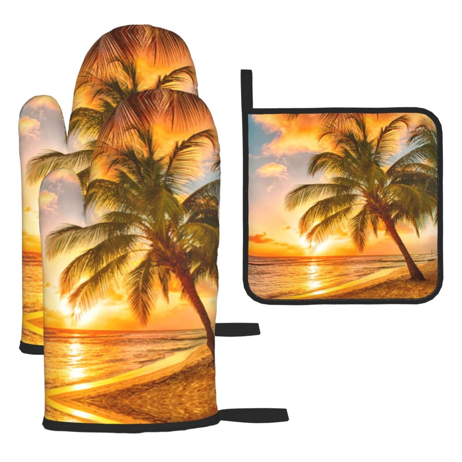 Tropical Beach Palm Tree Sunset Oven Mitts and Pot Holder Kitchen Set for Grilling, Cooking, Baking, Heat Resistant