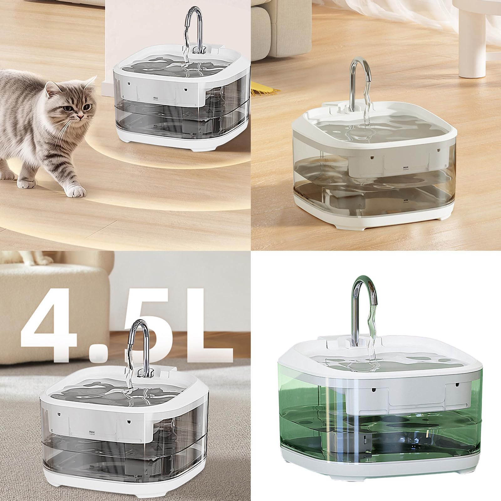 Dispensador de agua para gatos con cuenco de acero inoxidable de filtración, fuente de agua de bajo ruido para circulación automática de agua, fuente de agua para mascotas