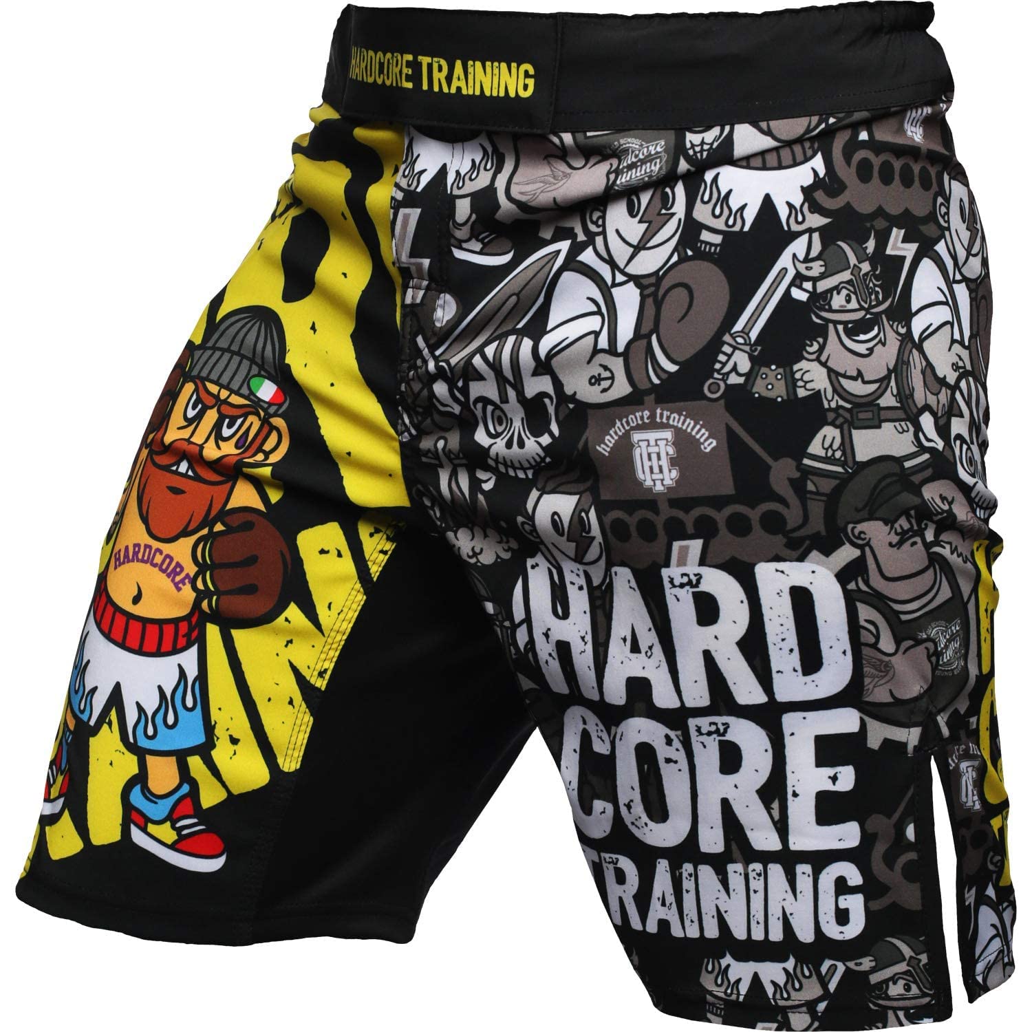 Hardcore Training Fight Shorts Boks Męski Szorty do Walki MMA Combat BJJ Grappling Fitness Muay Thai Kickboxing No Gi (DE/NL/SE/PL, Alfa, 5XL, Regularny, Regularny, Czarny Żółty)