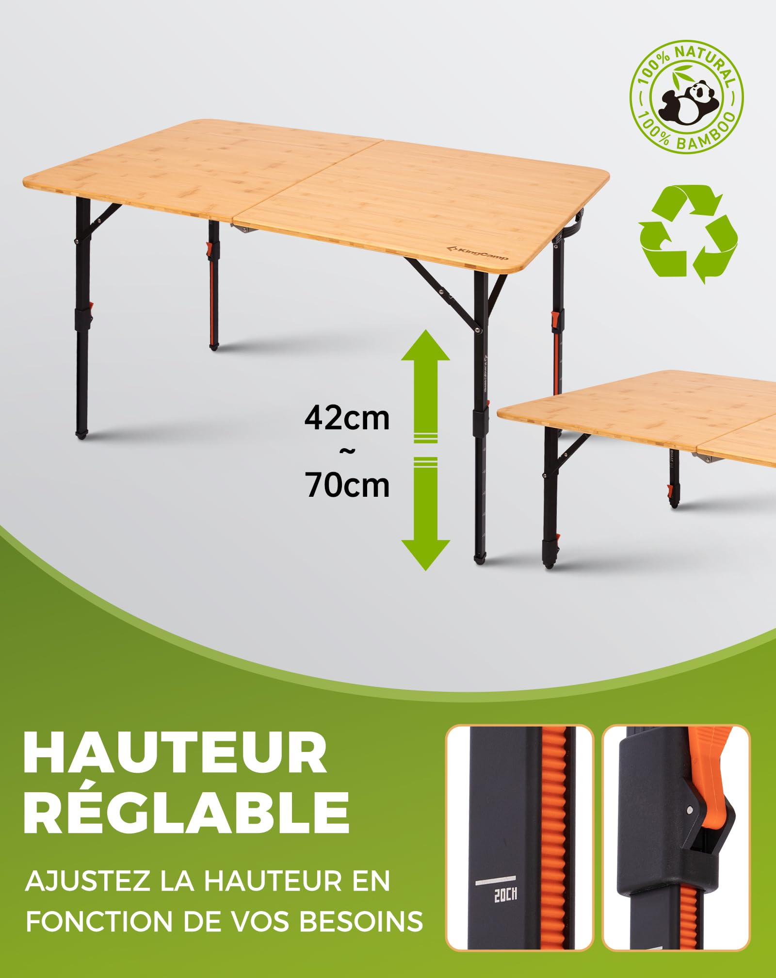 KingCamp Table de camping en bambou avec hauteur réglable (42-70 cm) – Table pliante en bambou, capacité de charge 120 kg, pliable pour camping, jardin, balcon et pique-nique, 120 x 70 cm