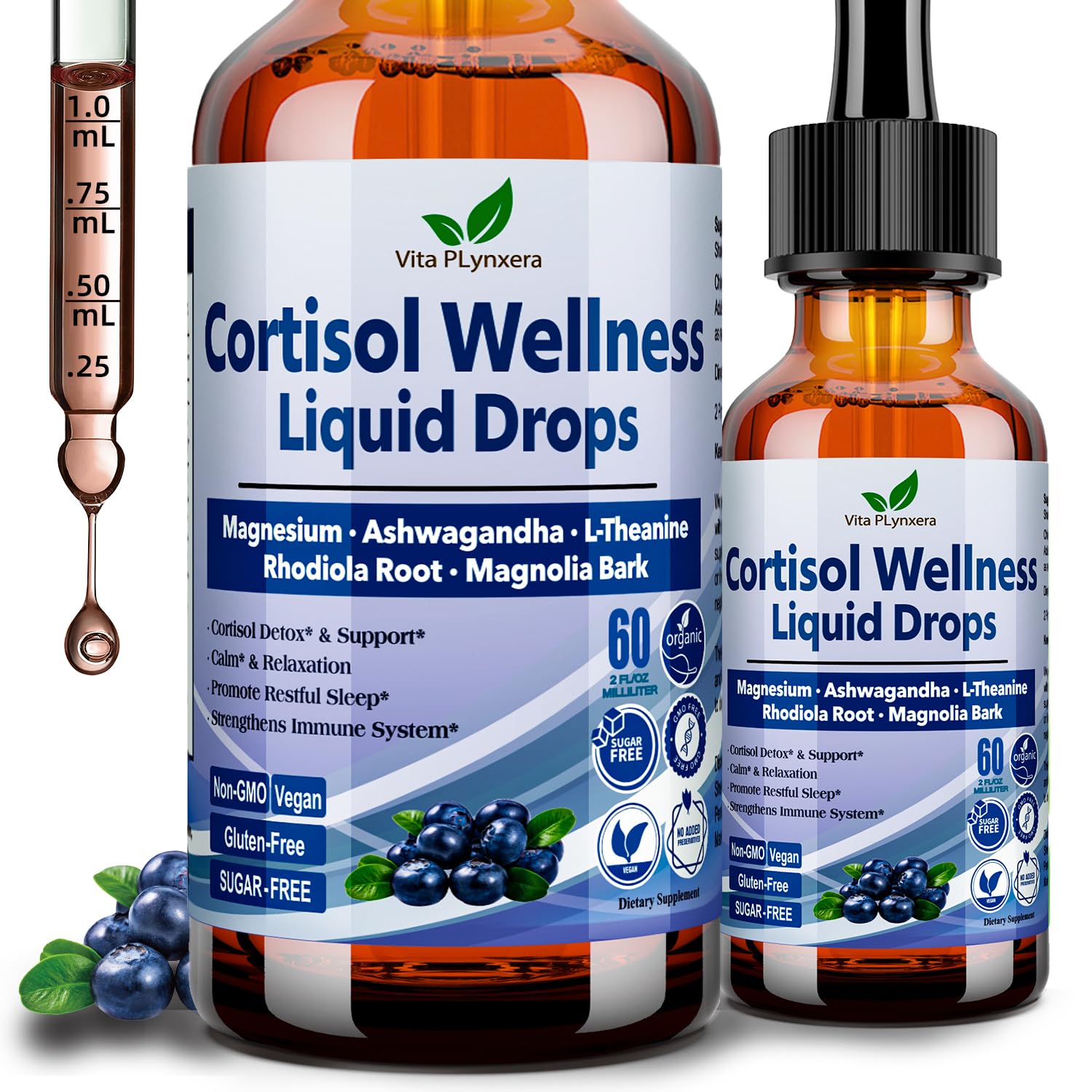 Vita PLynxera Cortisol Supplement Liquid Drops, 17-in-1 Cortisol Detox w. Magnesium Glycinate 400mg Ashwagandha, L-Theanine, Phosphatidylserine, Hormone Balanced for Women, Mood Focus, Sleep Support