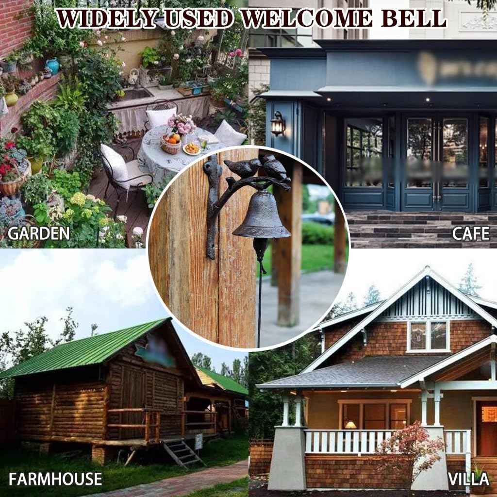 Classic Cast Iron Doorbell-Double Bird Decoration, Weather-Resistant Handmade Wall Bell for House, Patio & Gate, Pull Rope/Easy to Install