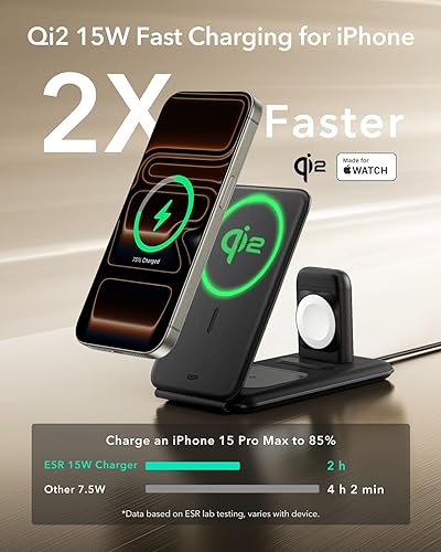 Miniatura 3 de ESR Estación de carga 3 en 1 para Apple, cargador certificado para Apple Watch, soporte de cargador MagSafe de 15 W para iPhone, cargador de viaje