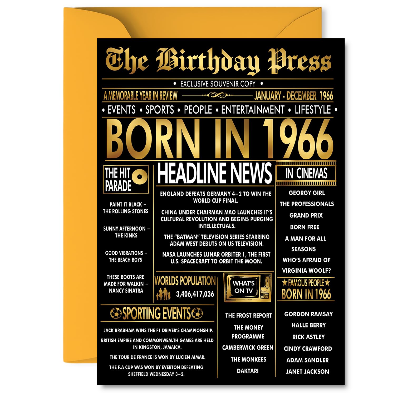 Gold 60th Birthday Card for Men Women - Black & Golden Newspaper Born in 1966 - Happy 60 Birthday Cards for Auntie Nan Colleague Wife Brother Friend, 5x7 Inch Bday Greeting Cards