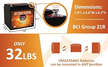VMAX MR86-50 12V 50AH AGM Deep Cycle Battery (7.8Lx6.6Wx6.7H) compatible with MotorGuide R3-45 Hand Control Transom Mount - 09MT- 45lbs Trolling Motor