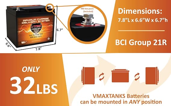 VMAX MR86-50 12V 50AH AGM Deep Cycle Battery (7.8Lx6.6Wx6.7H) compatible with MotorGuide R3-45 Hand Control Transom Mount - 09MT- 45lbs Trolling Motor