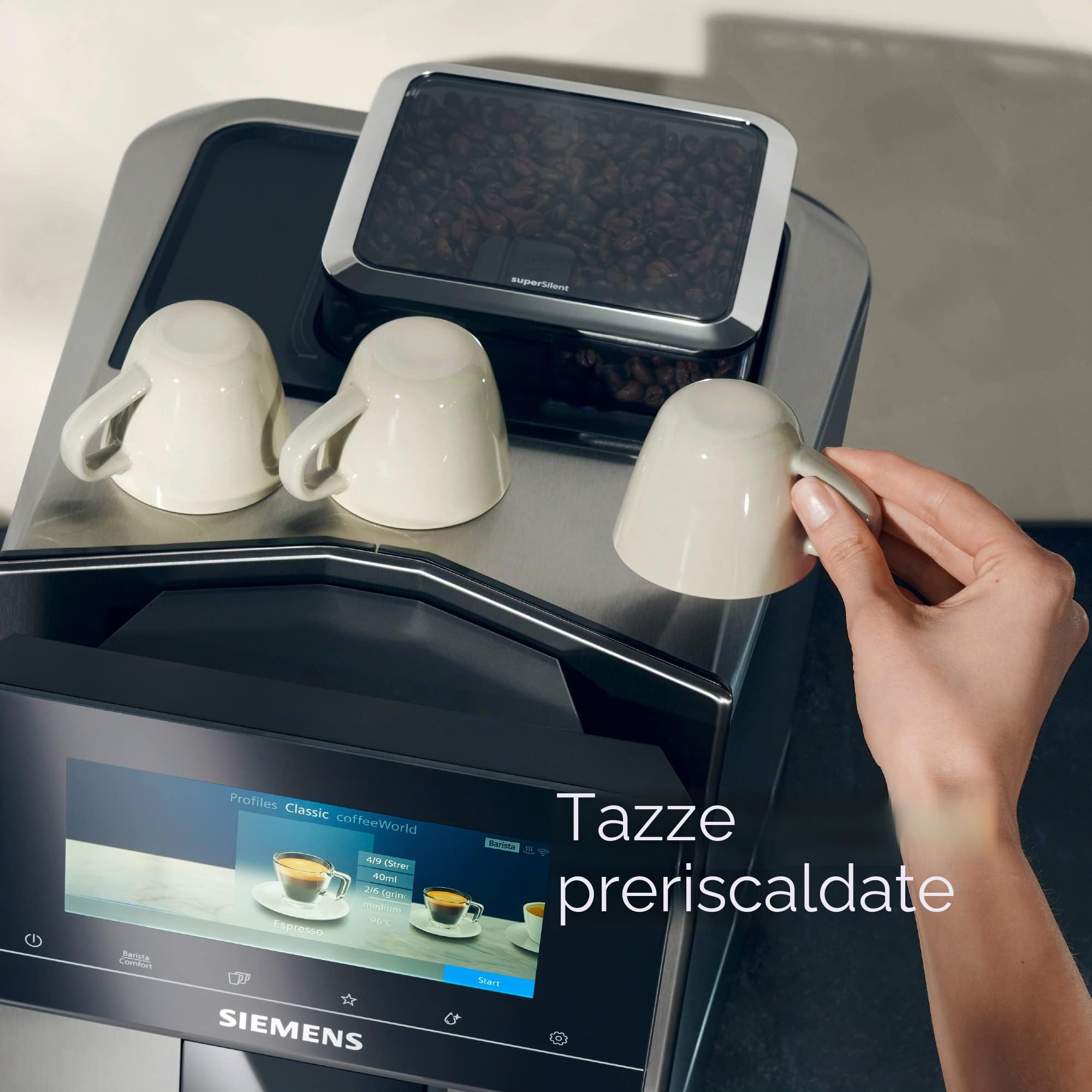 Siemens Macchina da caffè EQ900 TQ903D03, controllo app, display full touch, modalità barista, aromaBoost, riduzione del rumore, pulitura automatica del vapore, 1500 W, acciaio inox