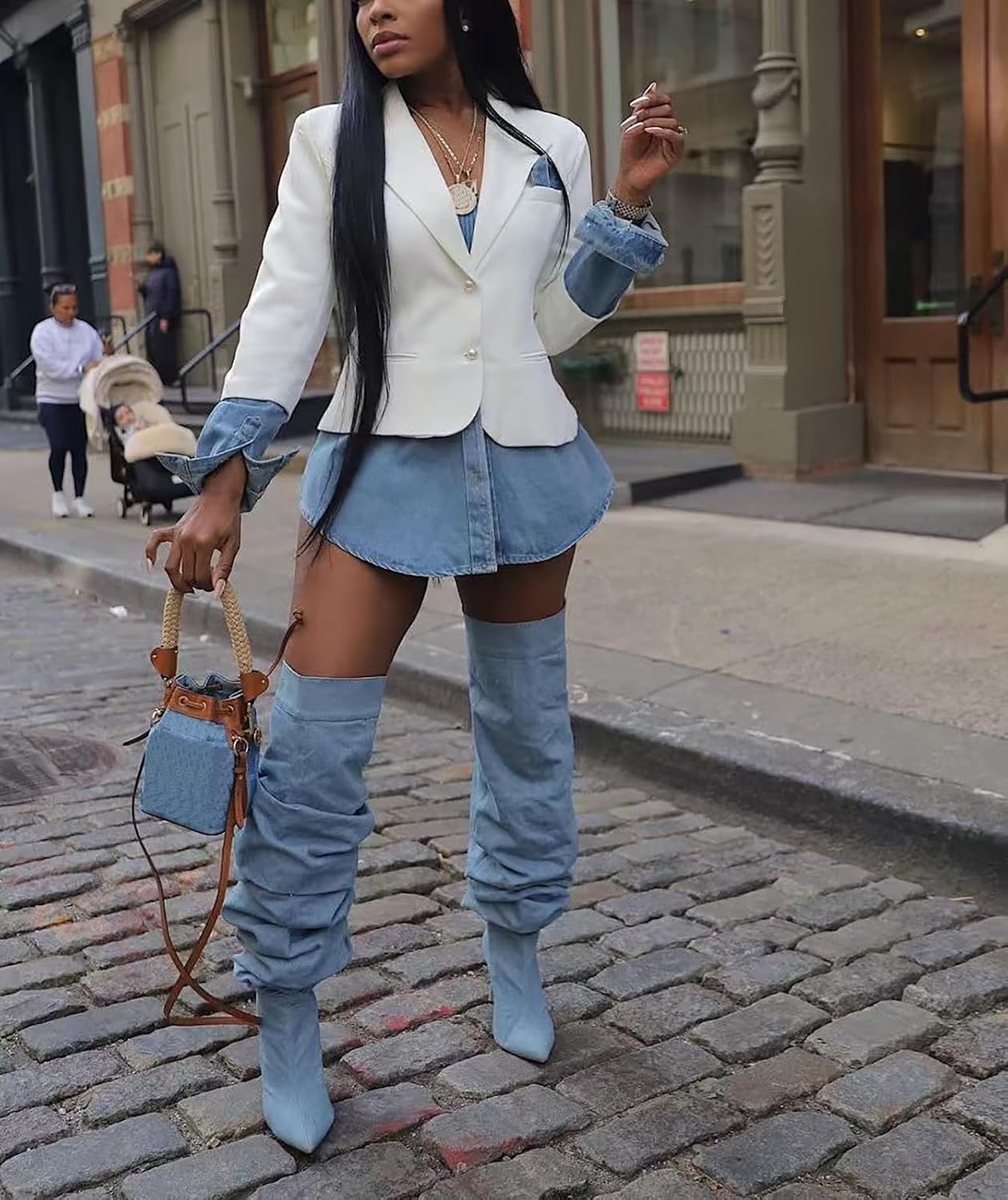 Tbahhir Women's Blazer Jacket Denim Patchwork Long Sleeve Lapel Button Down Casual Office Jean Trendy Coat - Image 4