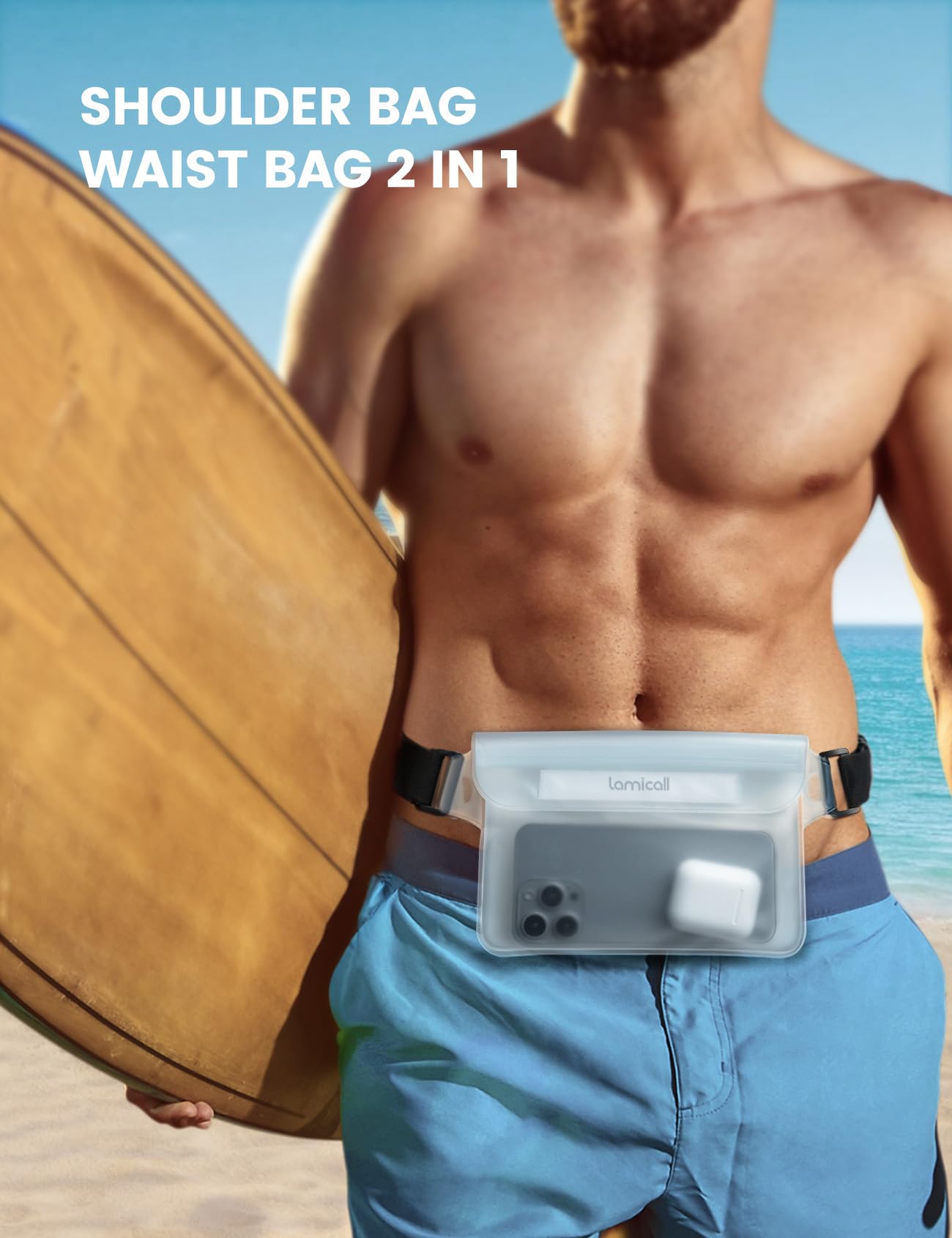 Lamicall Borsa Impermeabile IPX8 - [2 Pezzi] Marsupio Impermeabile con Cintura Elastica Regolabile, Sacca Impermeabile per Spiaggia, Nuoto, Pesca, Campeggio, Kayak, fino a 8,7"