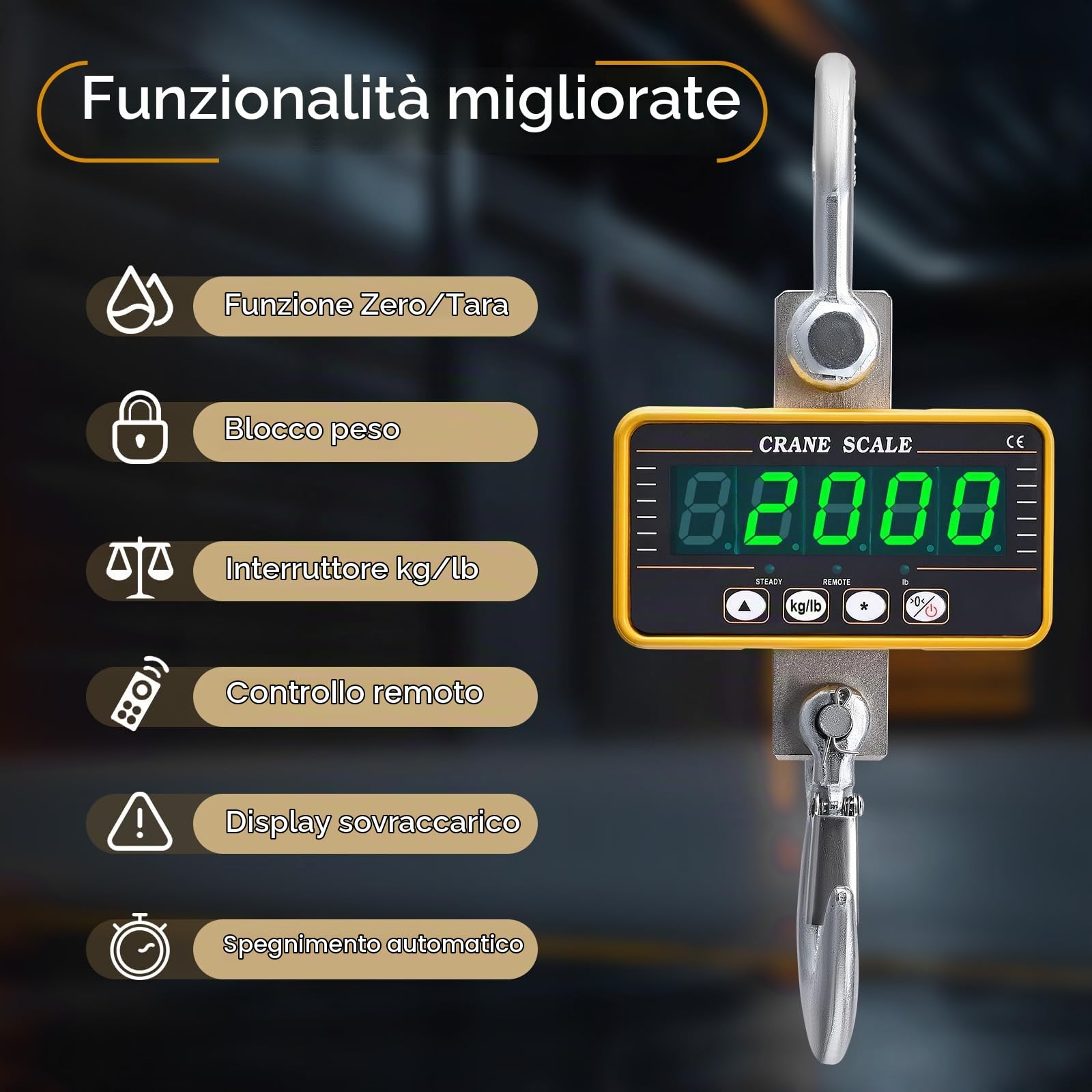 Bilancia a gancio, bilancia digitale per gru super trasparente, con telecomando, bilancia a gancio ad alta precisione, bilancia a gancio elettronica industriale per impieghi gravosi (2000 kg)