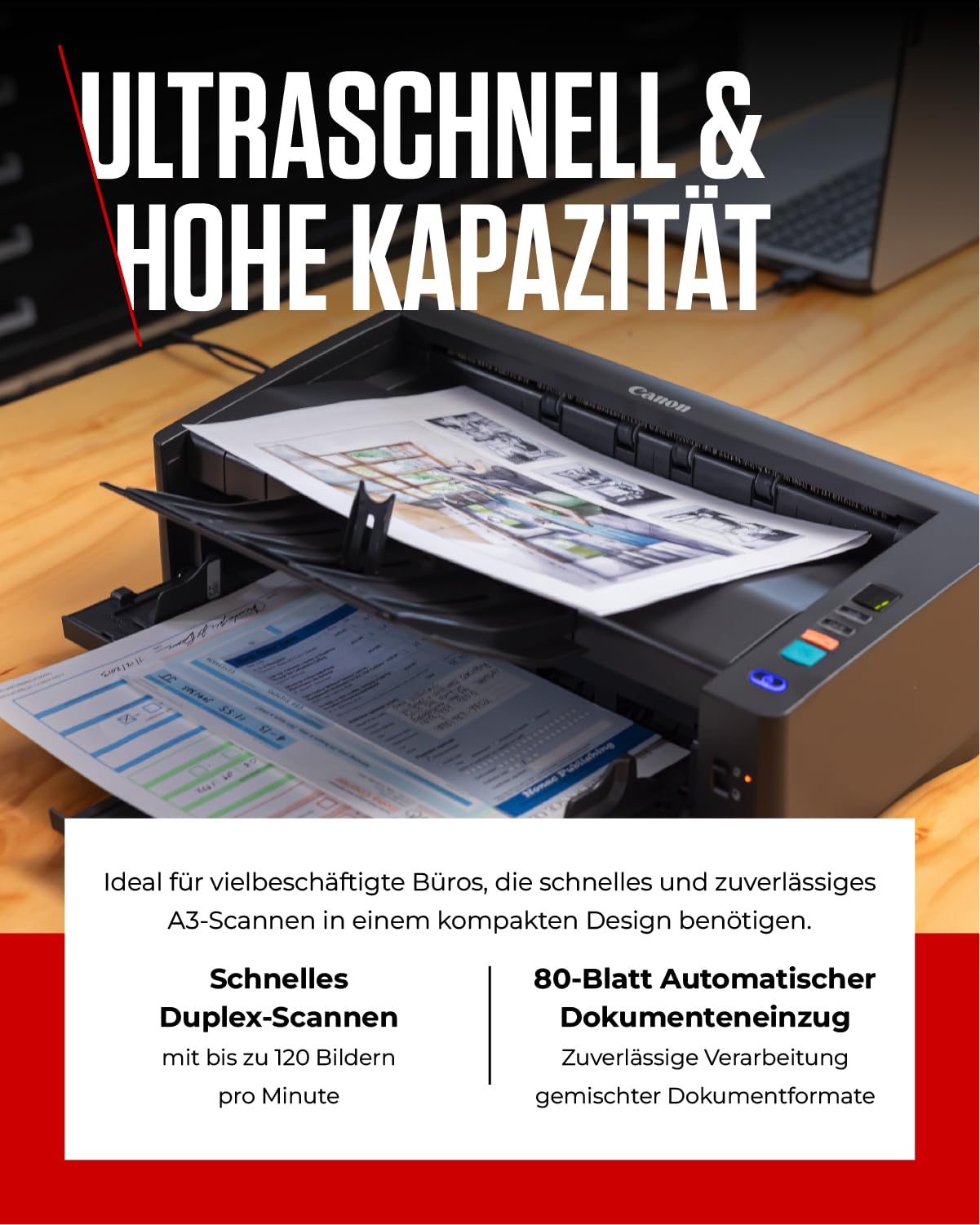 Canon imageFORMULA DR-M1060II A3 Dokumentenscanner | Kompaktes Design & leistungsstark für Büro & Home Office | 600 DPI Auflösung | 80-Seiten-Automatischer Einzug | Mit Canon CaptureOnTouch Pro