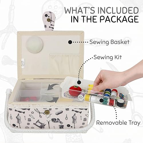 Vista 47 de Sewing Basket Organizer with Complete Sewing Supplies, Wooden Sewing Storage Organizer with Removable Tray Sewing Essentials and Tomato Pincushion
